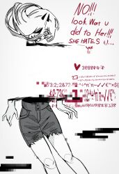 Rule 34 | 1girl, 31ulkubo, blood, blood from mouth, chainsaw man, commentary, english text, glitch, hair over one eye, highres, horns, like and retweet, power (chainsaw man), severed head, severed limb, severed torso, short shorts, shorts, solo, torn clothes, torn shorts