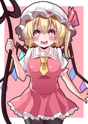 Rule 34 | 1girl, :d, absurdres, black thighhighs, blonde hair, blush, breasts, commentary request, crystal, eyebrows hidden by hair, flandre scarlet, hair between eyes, hat, highres, laevatein (touhou), looking at viewer, mahoro (minase mahoro), mob cap, open mouth, pink background, red eyes, simple background, smile, solo, thighhighs, touhou, white hat, wings