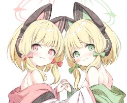 Rule 34 | 2girls, animal ear headphones, animal ears, blonde hair, blue archive, blush, bow, closed mouth, emimeku, fake animal ears, green bow, green eyes, green halo, halo, headphones, highres, jacket, looking at viewer, midori (blue archive), momoi (blue archive), multiple girls, pink halo, red bow, red eyes, short hair, siblings, simple background, sisters, smile, twins, white background, white jacket