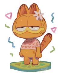 Rule 34 | 1boy, animal crossing, animal ears, artist name, black eyes, cat boy, cat ears, cat tail, commentary, english commentary, flower, furry, furry male, garfield, garfield (character), half-closed eyes, heart, iniro, nintendo, parody, pink shirt, shirt, smile, solo, standing, style parody, tail, triangle, white background, white flower