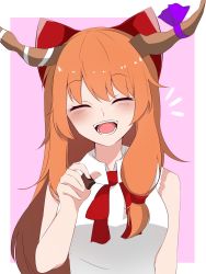 Rule 34 | 1girl, blush, bow, bowtie, breasts, chocolate, closed eyes, collared shirt, commentary request, cookie (touhou), food, hair bow, highres, holding, holding chocolate, holding food, horn bow, horn ornament, horns, ibuki suika, long hair, medium breasts, mumei no toukousha, open mouth, orange hair, pink background, purple bow, red bow, red bowtie, shirt, sleeveless, sleeveless shirt, smile, solo, touhou, two-tone background, upper body, very long hair, white background, white shirt, yamin (cookie)