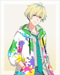 Rule 34 | 1boy, blonde hair, bracelet, hair between eyes, hanazono momohito, hands in pockets, hood, hoodie, idolmaster, idolmaster side-m, idolmaster side-m growing stars, jacket, jewelry, light green hair, looking at viewer, male focus, mole, mole under eye, multicolored hair, necktie, official art, pink eyes, simple background, smile, solo, third-party source
