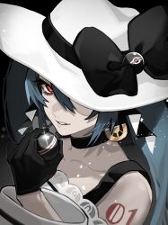 Rule 34 | 1girl, bare shoulders, black bow, black choker, black gloves, bow, choker, commentary request, creatures (company), dark miku (project voltage), earrings, game freak, gloves, hair between eyes, hand up, hat, hat bow, hat over one eye, hatsune miku, highres, holding, holding poke ball, jewelry, long hair, long sleeves, looking at viewer, luxury ball, nintendo, one eye covered, poke ball, pokemon, project voltage, red eyes, shoulder tattoo, smile, solo, sparkle, tatsuma daisuke, tattoo, upper body, vocaloid, white hat
