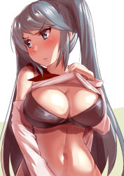 Rule 34 | 1girl, black bra, blue eyes, blue hair, bra, breasts, closed mouth, isuzu (kancolle), kantai collection, large breasts, lifting own clothes, long hair, red neckwear, simple background, solo, takahashi meishin, twintails, underwear, white background