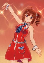 Rule 34 | 1girl, :d, ahoge, arm up, backlighting, bare arms, bare shoulders, belt, blue necktie, blunt bangs, blush, breasts, brown hair, collared dress, commentary, cowboy shot, dress, flower, gradient background, grin, hair flower, hair ornament, idolmaster, idolmaster million live!, jewelry, kamille (vcx68), lens flare, long hair, looking at viewer, medium breasts, necktie, open mouth, pocket, purple eyes, red background, red dress, ring, side ponytail, sleeveless, sleeveless dress, smile, solo, striped necktie, striped neckwear, teeth, wavy hair, wrist cuffs, yokoyama nao