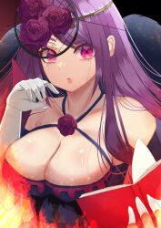 Rule 34 | 1girl, breasts, cleavage, fascinator, fire emblem, fire emblem engage, flower, flower brooch, gloves, highres, ivy (fire emblem), kirarimochiko, large breasts, long hair, nintendo, open mouth, pink eyes, purple hair, rose, see-through, see-through headwear, solo, spiked, white gloves