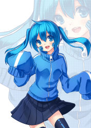 Rule 34 | 1girl, :d, absurdres, akabane, black thighhighs, blue eyes, blue hair, ene (kagerou project), facial mark, highres, jacket, kagerou project, looking at viewer, matching hair/eyes, open mouth, sleeves past wrists, smile, solo, thighhighs, twintails, zettai ryouiki, zoom layer