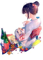 Rule 34 | 1girl, absurdres, black hair, book, bottle, checkered sleeves, closed mouth, cup, drinking glass, flower, from behind, full body, hair bun, hair flower, hair ornament, highres, holding, holding cup, japanese clothes, kimono, long sleeves, looking at viewer, looking back, miwano rag, obi, open book, origami, original, petals, profile, purple eyes, red flower, sash, seiza, short hair, simple background, single hair bun, sitting, smile, solo, water, white background, white kimono, wide sleeves