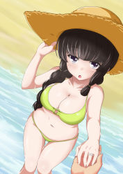 Rule 34 | 10s, 1girl, arm up, beach, black hair, blunt bangs, braid, breasts, cleavage, collarbone, from above, hat, highres, holding, holding clothes, holding hands, holding hat, jewelry, kantai collection, kantai collection (anime), kiri (foxsnake), kitakami (kancolle), large breasts, looking at viewer, looking up, navel, o-ring, o-ring top, out of frame, outdoors, pov, purple eyes, ring, shore, sidelocks, solo focus, standing, straw hat, sweat, swimsuit, thigh gap, wedding band