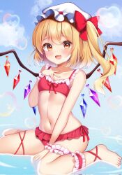 Rule 34 | 1girl, barefoot, bikini, blonde hair, blush, bow, commentary request, corrupted twitter file, crystal, fang, flandre scarlet, flat chest, frilled anklet, frilled bikini, frilled wrist cuffs, frills, hair bow, hand on own chest, hat, hat ribbon, heart bubbles, highres, looking at viewer, medium hair, mob cap, multicolored wings, navel, one side up, open mouth, red bikini, red bow, red eyes, ribbon, shirotsuki shirone, side-tie bikini bottom, side ponytail, sitting, skin fang, smile, solo, swimsuit, thigh strap, touhou, wariza, water, white hat, wings, wrist cuffs