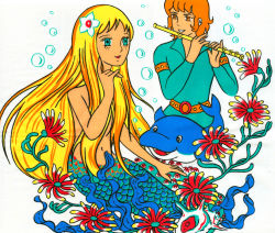 Rule 34 | andersen douwa ningyo hime, blonde hair, coral reef, dolphin, flower, flute, hair flower, hair ornament, highres, instrument, marina (the little mermaid 1975), mermaid, monster girl, the little mermaid (andersen)
