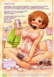 Rule 34 | 1girl, barefoot, beer can, blush, breasts, brown eyes, brown hair, can, cleavage, controller, drink can, english text, feet, glasses, hard-translated, highres, mouth hold, musical note, nightgown, nikki (swapnote), nintendo, remote control, shigatake, short hair, sitting, strap slip, swapnote, third-party edit, tissue box, turtleneck