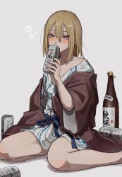 Rule 34 | 1girl, asahi breweries, bath yukata, beer can, blonde hair, blush, bottle, can, covered mouth, drink can, drunk, hair between eyes, half-closed eyes, highres, holding, holding can, japanese clothes, kimono, kimono pull, looking at viewer, mole, mole under eye, original, sake bottle, simple background, single bare shoulder, sitting, squeans, solo, tabao, wariza, white background, yukata