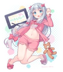 Rule 34 | 10s, 1girl, :o, aqua eyes, bad id, bad pixiv id, blush, bow, breasts, drawing tablet, eromanga sensei, frilled shorts, frills, full body, hair bow, hair ribbon, heart, highres, izumi sagiri, long hair, long sleeves, looking at viewer, lying, nakahara yoshi, navel, necktie, on back, open mouth, pajamas, pink bow, polka dot, polka dot background, ribbon, shorts, silver hair, simple background, slippers, small breasts, solo, stomach, stuffed animal, stuffed toy, stylus, teddy bear, unbuttoned, white background