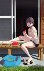 Rule 34 | 1girl, :d, barefoot, black footwear, black shorts, blue eyes, blush, braid, brown hair, commentary request, food, fruit, hair over shoulder, highres, hiwatari rin, holding, holding food, looking at viewer, low twintails, open mouth, original, plate, sandals, unworn sandals, shirt, short shorts, short sleeves, shorts, sitting, smile, solo, twin braids, twintails, watermelon, watermelon slice, white shirt