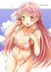 Rule 34 | 1girl, absurdres, akashi (kancolle), alternate costume, bare arms, bare shoulders, bikini, bikini tug, blue sky, blush, breasts, character name, cleavage, cloud, day, dog tags, floral print, gluteal fold, groin, hair ribbon, hand on own head, hand to own head, highleg, highleg bikini, highres, jewelry, kantai collection, large breasts, long hair, looking at viewer, multicolored bikini, multicolored clothes, navel, necklace, non-web source, open mouth, outdoors, outside border, pink hair, ribbon, shiny skin, sidelocks, sky, smile, solo, stomach, sweat, swimsuit, thighs, toned, tress ribbon, very long hair, yellow eyes, yua (checkmate)