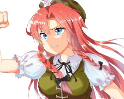 Rule 34 | 1girl, blue eyes, bow, braid, breasts, clenched teeth, female focus, hat, hong meiling, long hair, pink hair, running, siraele, solo, star (symbol), teeth, touhou, twin braids, upper body, white background