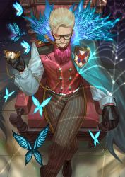 Rule 34 | 1boy, absurdres, ascot, black gloves, blonde hair, brown footwear, brown pants, bug, butterfly, buttons, cape, chain, chair, closed mouth, collar, crossed legs, facial hair, fate/grand order, fate (series), glasses, gloves, glowing, glowing eye, highres, holding, holding pocket watch, iketsumi, indoors, insect, james moriarty (archer) (fate), long hair, looking at viewer, male focus, mustache, on chair, pants, pocket watch, puffy sleeves, red ascot, red vest, short hair, silk, sitting, sleeve cuffs, solo, spider web, striped clothes, striped pants, vest, watch