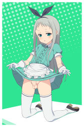 Rule 34 | 10s, 1boy, apron, blend s, blush, censored, clothes lift, collared shirt, erection, fugetsu taku, full body, gloves, green background, hair between eyes, hairband, highres, kanzaki hideri, kneeling, lifted by self, long hair, looking at viewer, male focus, mosaic censoring, no panties, outside border, parted lips, penis, polka dot, polka dot background, shirt, shoes, silver hair, skirt, skirt lift, solo, testicles, thighhighs, trap, waitress, white apron, white gloves, white thighhighs