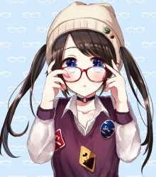 Rule 34 | 1girl, artist request, baseball cap, black hair, blue eyes, commentary request, glasses, hat, highres, idolmaster, idolmaster shiny colors, jacket, long hair, looking at viewer, mitsumine yuika, red-framed eyewear, shirt, sketch, solo, twintails