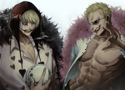 Rule 34 | 2boys, abs, artist name, bare pectorals, blonde hair, brothers, cigarette, coat, collared shirt, detached hood, donquixote doflamingo, donquixote rocinante, fur coat, heart, heart print, highres, hood, jaguar print, makeup, male focus, multiple boys, nipples, one piece, open clothes, open shirt, pectoral cleavage, pectorals, pink coat, profile, red-tinted eyewear, red hood, shirt, short hair, siblings, simple background, smile, smoke, smoking, sunglasses, thread, tinted eyewear, white background, white shirt, wosara