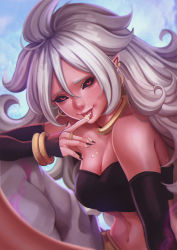 Rule 34 | 1girl, android 21, black nails, black sclera, bracelet, colored sclera, cream, dragon ball, dragon ball fighterz, earrings, eyelashes, hoop earrings, jewelry, long hair, looking at viewer, magion02, majin android 21, nail polish, navel, pointy ears, red eyes, ring, smile, solo, stomach, tongue, tongue out, very long hair