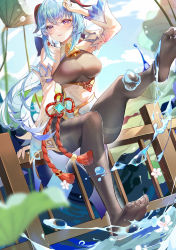Rule 34 | 1girl, absurdres, arm up, bell, black pantyhose, blue hair, blurry, blush, bodystocking, breasts, chinese knot, depth of field, detached sleeves, flower knot, foot up, ganyu (genshin impact), genshin impact, goat horns, gold trim, hair between eyes, highres, horns, large breasts, long hair, looking at viewer, neck bell, no shoes, on railing, outdoors, pantyhose, parted lips, purple eyes, railing, sidelocks, sitting, solo, splashing, tassel, very long hair, vision (genshin impact), water, xiongshouji