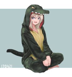 Rule 34 | 10s, 1girl, akira (aristole), alligator, alligator costume, alternate costume, animal costume, blue eyes, crocodilian, dated, full body, girls und panzer, indian style, itsumi erika, long hair, looking at viewer, open mouth, silver hair, sitting, solo, sweatdrop