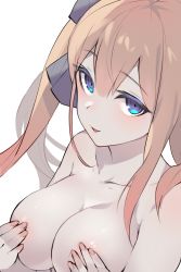 Rule 34 | 1girl, breasts, covering nipples, covering privates, fal (girls&#039; frontline), fingernails, girls&#039; frontline, highres, jingo, long hair, looking at viewer, nude, orange hair, purple eyes, simple background, smile, solo, upper body, white background