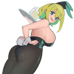 Rule 34 | 1girl, alternate breast size, amano pikamee, animal ears, ass, back, beer mug, blonde hair, breasts, cowboy shot, cup, curvy, dismassd, fake animal ears, fake tail, from behind, from below, gradient hair, green eyes, green hair, green leotard, hair between eyes, highres, holding, holding tray, large breasts, leotard, looking at viewer, looking back, medium hair, mug, multicolored hair, open mouth, pantyhose, playboy bunny, rabbit ears, rabbit tail, ribs, sharp teeth, sideboob, simple background, smile, solo, tail, teeth, tray, virtual youtuber, voms, white background, wrist cuffs