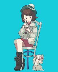 Rule 34 | 1girl, :o, alcremie, alcremie (strawberry sweet), blush, bob cut, boots, brown eyes, brown footwear, brown hair, buttons, cable knit, cardigan, chair, commentary request, creatures (company), cup, donguri big, dress, evolutionary line, game freak, gen 8 pokemon, gloria (pokemon), green background, green headwear, green socks, grey cardigan, hat, holding, holding cup, hooded cardigan, milcery, nintendo, open mouth, pink dress, pokemon, pokemon (creature), pokemon swsh, short hair, sitting, socks, tam o&#039; shanter