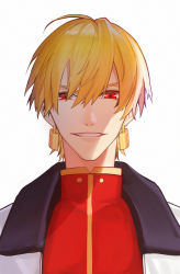 Rule 34 | 1boy, ahoge, blonde hair, commentary request, earrings, fate/grand order, fate (series), gilgamesh (fate), grin, hair between eyes, highres, jewelry, k7 (kk7 000), looking at viewer, male focus, official alternate costume, red eyes, short hair, simple background, smile, white background