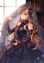 Rule 34 | 1girl, bare shoulders, black dress, black ribbon, blonde hair, book, bookshelf, brooch, commentary, cowboy shot, day, detached sleeves, dress, eyelashes, flower, hair flower, hair ornament, highres, holding, holding book, jewelry, kiwi (pixiv6429539), light particles, long hair, looking at viewer, open book, original, parted lips, purple ribbon, red eyes, red flower, red rose, ribbon, rose, see-through, sleeveless, solo, veil, veil lift, window
