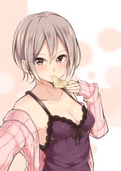 Rule 34 | 10s, 1girl, bare shoulders, black ribbon, blush, breasts, brown eyes, camisole, cleavage, closed mouth, collarbone, hair between eyes, holding, holding paper, idolmaster, idolmaster cinderella girls, jacket, jiino, light brown hair, looking at viewer, medium breasts, mouth hold, outstretched arm, paper, pink jacket, purple camisole, ribbon, shiomi syuko, short hair, sleeves past wrists, smile, solo, two-tone background, upper body