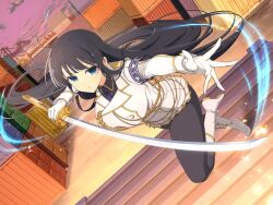 Rule 34 | 1girl, :o, ahoge, armband, black hair, black shirt, blue armband, blue eyes, blue necktie, blush, boots, breasts, energy, gloves, harbor, hime cut, holding, holding sword, holding weapon, ikaruga (senran kagura), large breasts, light particles, long hair, looking at viewer, microskirt, motion lines, necktie, official art, ootachi, open mouth, pantyhose, pleated skirt, school emblem, senran kagura, senran kagura new link, senran kagura shoujo-tachi no shin&#039;ei, shipping container, shirt, skirt, solo, sparkle, standing, standing on one leg, sword, tsuba (guard), tsuka-ito, very long hair, weapon, white footwear, white gloves, yaegashi nan