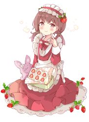 Rule 34 | 1girl, :t, animal, apron, blush, bow, brown eyes, brown hair, center frills, closed mouth, collared shirt, commentary, dress, eating, food, frilled apron, frilled hairband, frills, fruit, full body, hairband, heart, highres, long hair, long sleeves, looking at viewer, low twintails, original, rabbit, red bow, red dress, red hairband, sandwich, shirt, solo, strawberry, symbol-only commentary, tsukiyo (skymint), twintails, white apron, white background, white shirt