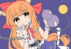 Rule 34 | 1girl, bow, chain, closed mouth, gourd, hair bow, highres, holding, horns, ibuki suika, long hair, looking at viewer, low-tied long hair, metal belt, orange hair, purple background, purple skirt, ramudia (lamyun), red bow, red neckwear, shirt, simple background, skirt, smile, solo, torn clothes, torn sleeves, touhou, twitter username, very long hair, white shirt, wrist cuffs, yellow eyes
