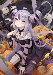 Rule 34 | 1girl, ahoge, bandages, bare shoulders, braid, braided bangs, chest tattoo, collar, corrupted twitter file, demon horns, highres, hololive, horns, la+ darknesss, long hair, metal collar, motoi (croa76), multicolored hair, nail polish, pointy ears, purple hair, streaked hair, striped horns, tattoo, thigh strap, very long hair, virtual youtuber, yellow eyes