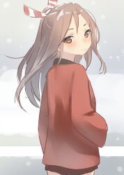 Rule 34 | 1girl, blush, brown eyes, brown hair, closed mouth, commentary request, cowboy shot, from behind, hair between eyes, hair ribbon, high ponytail, highres, jacket, japanese clothes, kantai collection, long hair, long sleeves, looking at viewer, looking back, red jacket, red ribbon, ribbon, sakieko, smile, snowing, solo, striped, striped ribbon, white ribbon, wide sleeves, zuihou (kancolle)