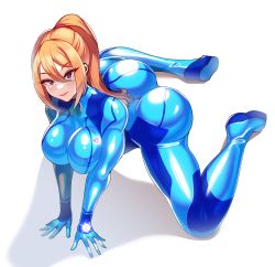 Rule 34 | 1girl, arm support, ass, blonde hair, bodysuit, breast press, breasts, eyelashes, eyeshadow, highres, large breasts, looking at viewer, makeup, metroid, mole, mole under mouth, nintendo, samus aran, skin tight, volyz, zero suit