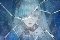 Rule 34 | 1girl, anastasia (fate), blue eyes, blue hair, crack, eyes visible through hair, fate/grand order, fate (series), glass, kdm (ke dama), light blue hair, parted lips, portrait, solo, upper body, water drop