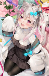 Rule 34 | 1girl, :d, animal ears, black dress, black pantyhose, blue bow, blush, bow, box, breasts, cat ears, cat girl, cat tail, commentary request, covered collarbone, covered navel, dress, frilled dress, frills, gift, gift box, grey hair, hair between eyes, hair bow, hair ornament, hairclip, indie virtual youtuber, jacket, long hair, long sleeves, medium breasts, multicolored hair, natsume eri, natsume eri (vtuber), off shoulder, open clothes, open jacket, open mouth, pantyhose, pink hair, red eyes, ribbed shirt, shirt, sleeves past fingers, sleeves past wrists, smile, solo, tail, two-tone hair, two side up, very long hair, virtual youtuber, white jacket