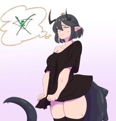 Rule 34 | 1girl, absurdres, ahoge, black hair, black shirt, bottomless, breasts, dragon girl, highres, horns, nervous, nervous sweating, oversized clothes, plump thighs, pointy ears, rita (sunlightnova), shirt, small breasts, solo, sunlightnova, sweat, tail, thick thighs, thighhighs, thighs, thought bubble, yellow eyes