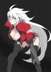 Rule 34 | 1girl, ahoge, alpha-01, bad id, bad pixiv id, bent over, blazblue, boots, breasts, cleavage, cleavage cutout, clothing cutout, downblouse, elbow gloves, gender request, genderswap, gloves, green eyes, hand on thigh, heterochromia, high collar, hyakuhachi (over3), jacket, large breasts, leaning forward, long hair, ragna the bloodedge, red eyes, red jacket, silver hair, skirt, solo, thigh boots, thighhighs, very long hair