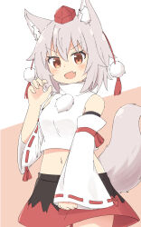 Rule 34 | 1girl, :d, animal ear fluff, animal ears, bare shoulders, black skirt, brown background, cowboy shot, fang, hat, highres, inubashiri momiji, looking at viewer, midriff, navel, open mouth, pom pom (clothes), red eyes, shirt, short hair, skin fang, skirt, smile, solo, stomach, tail, tokin hat, toramaru2001710, touhou, two-tone background, v-shaped eyebrows, white background, white hair, white shirt, white sleeves, wolf ears, wolf girl, wolf tail