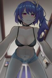 Rule 34 | 3girls, absurdres, bare arms, bare legs, bare shoulders, bikini, bikini top only, black bikini, black choker, blue hair, blush, breasts, ceiling, choker, cleavage, collarbone, commentary, denim, denim shorts, earpiece, earrings, english commentary, gamryous, girl on top, girls&#039; frontline, grin, grizzly mkv (girls&#039; frontline), hair ornament, head tilt, heart, heart-shaped pupils, highres, indoors, jewelry, k11 (girls&#039; frontline), long hair, looking at viewer, medium breasts, messy hair, midriff, multiple girls, navel, night, night sky, open mouth, open pants, open window, pants, picture frame, ponytail, pov, short shorts, shorts, side ponytail, sidelocks, sky, smile, spread legs, sv-98 (girls&#039; frontline), swept bangs, swimsuit, symbol-shaped pupils, teeth, thighs, wall, window