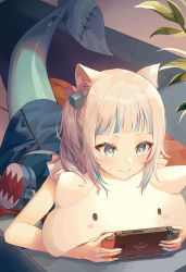 Rule 34 | 1girl, animal ear fluff, bag, blue dress, blue eyes, blue hair, blunt bangs, blush, closed mouth, commentary request, dress, fins, fish tail, gawr gura, hair ornament, highres, hololive, hololive english, indoors, looking at object, multicolored hair, munape, nintendo switch, plant, playing games, shark tail, side ponytail, silver hair, smile, solo, streaked hair, tail, virtual youtuber