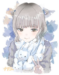 Rule 34 | 1girl, bad id, bad pixiv id, blush, brown eyes, closed mouth, cropped torso, double bun, grey hair, grey jacket, hair bun, hand up, highres, jacket, kayanogura, long sleeves, looking at viewer, original, scarf, smile, solo, upper body, v, white background, white scarf