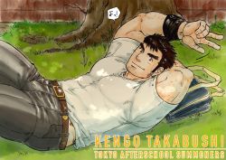 Rule 34 | 1boy, arm hair, bara, belt, brown belt, bulge, covered abs, facial hair, goatee, grey pants, takabushi kengo, kumagamike, long sideburns, looking at viewer, lying, male focus, mature male, muscular, muscular male, on back, outdoors, pants, pectorals, shirt, short hair, short sleeves, sideburns, smile, solo, stubble, thick eyebrows, thighs, tight clothes, tight shirt, tokyo houkago summoners, white shirt