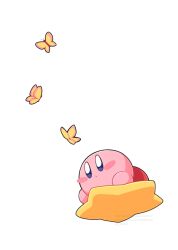 Rule 34 | :o, artist name, blue eyes, blush, blush stickers, bug, butterfly, closed mouth, commentary request, insect, kirby, kirby (series), midooka (o k k), nintendo, no humans, riding, simple background, solo, star (symbol), twitter username, warp star, watermark, white background, yellow butterfly